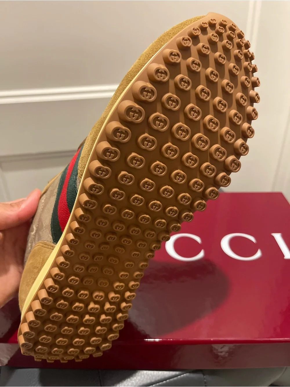 Gucci Tan & Beige GG Suede-Trim Runner Sneakers comes